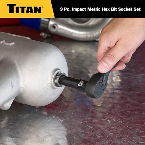 Titan 49011 9-Piece Impact Metric Hex Bit Socket Set, Sizes 6mm thru 19mm, S2 and 6150 Alloy Steel, Extra-long Design for Greater Reach and Access, Metal Storage Rail
