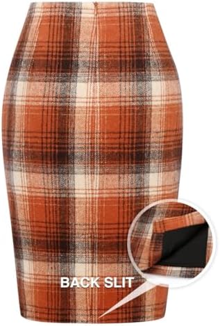 IDEALSANXUN Plaid Skirts for Women Fall Winter Knee Length Pencil Wool Skirt with Slit