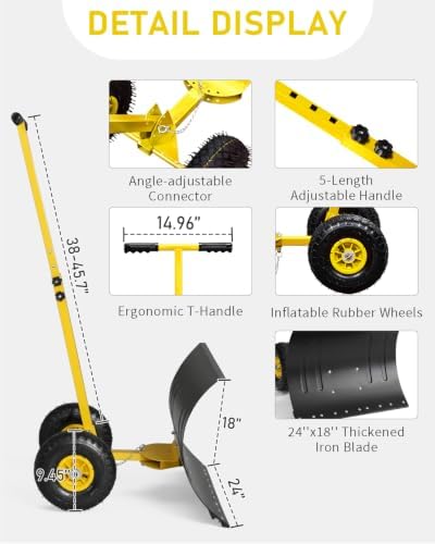 Outvita Snow Shovel with Wheels, 24" Wide 18" Long, Black & Yellow