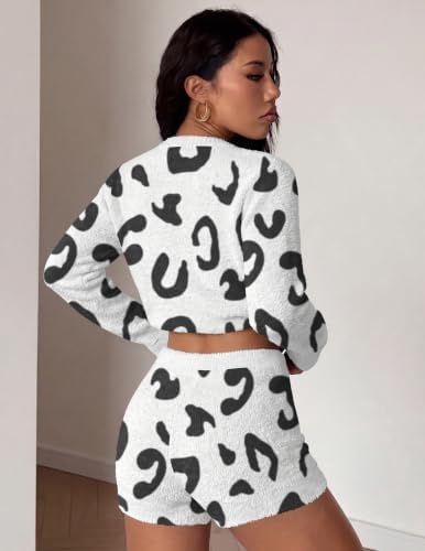 Ekouaer Fuzzy Fleece Pajamas 2 Piece Warm Soft Lounge Set Long Sleeve Sweater Top and Shorts Loungewear Outfits Sweatsuits