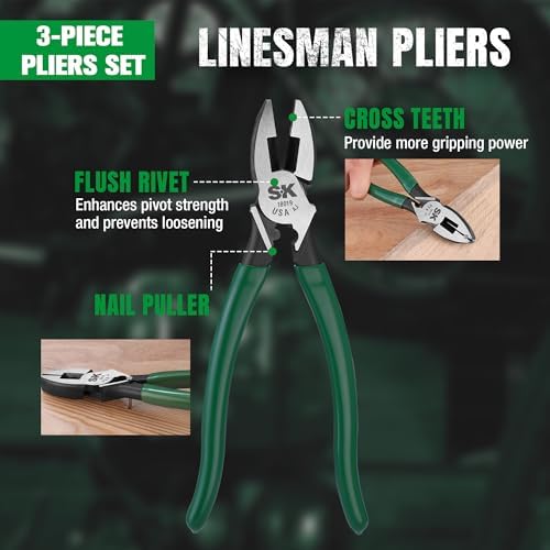 SK Tools USA 3-Piece Pliers Set, High Quality Carbon Steel, Roll-Up Pouch