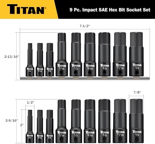 Titan 49010 9-Piece Impact SAE Hex Bit Socket Set, Sizes 1/4" thru 3/4", S2 and 6150 Alloy Steel, Extra-long Design for Greater Reach and Access, Metal Storage Rail