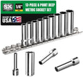 SK Tools USA 1/4"Drive Socket Set, Deep Metric Sockets, 13-Piece 4-15mm | 6 Point, SuperKrome Finish, Premium CR-V Steel, with Storage Rail