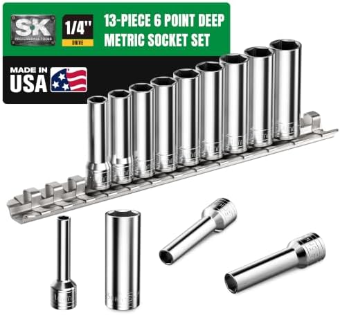 SK Tools USA 1/4"Drive Socket Set, Deep Metric Sockets, 13-Piece 4-15mm | 6 Point, SuperKrome Finish, Premium CR-V Steel, with Storage Rail