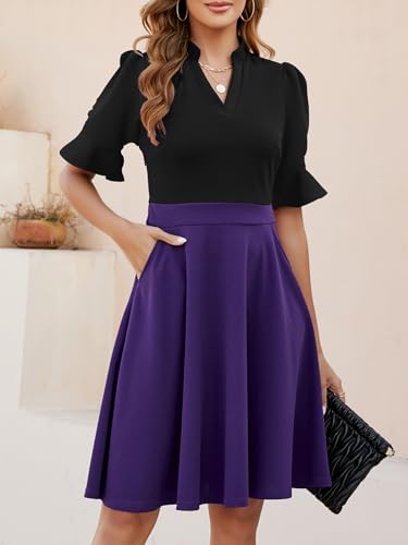 Mokayee Womens Summer V Neck Ruffle Short Sleeve Fit and Flare Knee Length Church Wedding Guest Dresses with Pockets