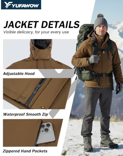 Yufawow Men Winter Jacket Skiing Jacket Insulated Fleece Lined Waterproof Windbreaker for Snowboard Hiking Camping ATV Outdoor Work