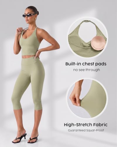 Workout Capri Gym Set for Women - 2 Piece Yoga Set with Leggings Halter Top