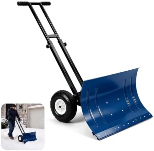 GarveeLife Wheeled Snow Shovel - 29in Steel Blade, 10in Wheels Blue/Black