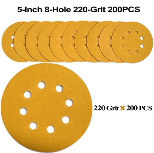 5-Inch 8-Hole Hook and Loop Sanding Discs 220-Grit, 200-Pack