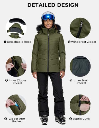 Skieer Women's Ski Jacket Waterproof Warm Puffer Thick Hooded Winter Coat