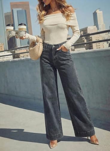 Dokotoo Women's Casual High Waisted Jeans Stretch Wide Leg Loose Denim Pant