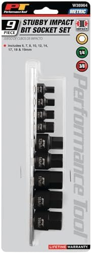 Performance Tool W38964 9-Piece Impact Metric Hex Bit Socket Set | Stubby design is 40% shorter for confined spaces. Heavy duty CrMo steel. Includes storage rail