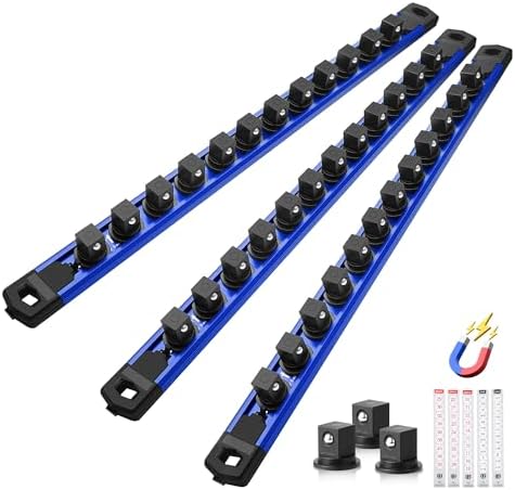 Reniteco Magnetic Socket Organizer Set, 3-Pack 1/2” Socket Rails | 36 Clips, Heavy-Duty Aluminum Alloy Rails, 360° Swivel Removable ABS Clips, Magnetic Base, Toolbox Drawer or Wall Mount