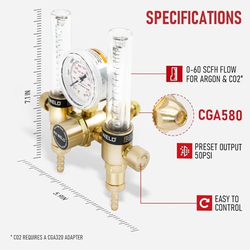 RX WELD Dual Output Argon Flow Meter, 0-60 CFH, CGA580 Inlet