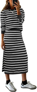 ANRABESS Women 2 Piece Striped Sweater Skirt Set
