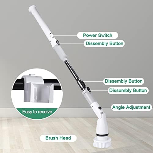 Electric Spin Scrubber Cordless Power Scrubber Cleaning Brush with Adjustable Detachable Long Handle & 4 Replaceable Brush Heads Household Cleaning Supplies for Bathroom Shower Floor
