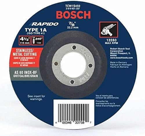BOSCH 4-1/2 in. x .040 in. and 7/8 in. Arbor Type 1 60 Grit Fast, Thin Metal/Stainless Cutting Abrasive Wheel for Angle Grinder, Pack of 25 (TCW1S450)