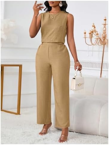 Floerns Women's 2 Piece Sets Dressy Outfits Bussiness casual Crew Neck Sleeveless Blouse and Elegant Pants Set