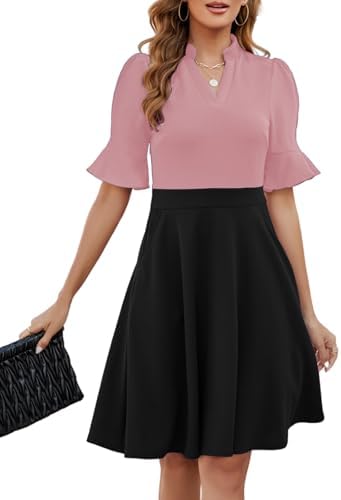 Mokayee Womens Summer V Neck Ruffle Short Sleeve Fit and Flare Knee Length Church Wedding Guest Dresses with Pockets