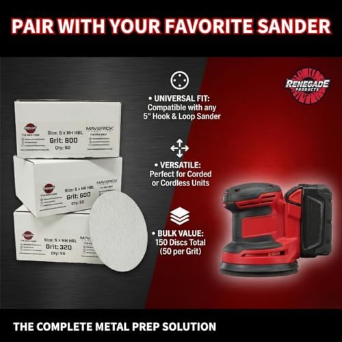 Renegade Products Essential Sanding Disc Bundle – 5" White Aluminum Oxide Discs, 3 Grit Levels (320, 600, 800) – Metal Polishing Prep Kit (3 x 50-Pack)