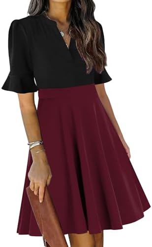 Mokayee Womens Summer V Neck Ruffle Short Sleeve Fit and Flare Knee Length Church Wedding Guest Dresses with Pockets