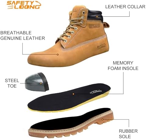 Steel Toe Work Boots for Men, 6-Inch Non Slip Comfortable Leather Waterproof Industrial Construction Safety Workboots