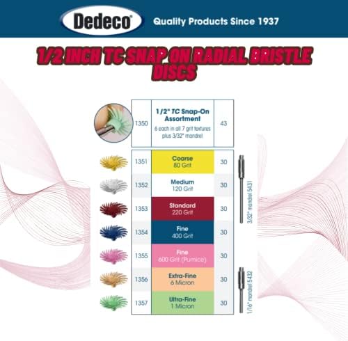 Dedeco Sunburst Radial Bristle Discs - 1/2” (12mm) Dia, Snap On, TC Bristles - Cleaning Buffer Polisher Rotary Tool Accessories, Standard 220 Grit, Red Aluminum Oxide - 30 Piece Per Pack