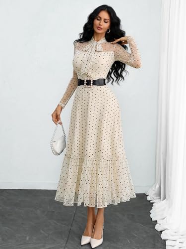 GothDark Polka dot Dress for Women Tie Neck Bow Ruffle Fall Vintage Dress