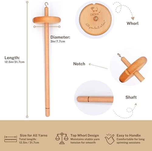 DICHA 3 Inch Drop Spindle Kit- High Low Whorl Wooden Spindles with 8 Oz Merino Wool/Top and Instructions-Weaving Spinning Wheels for Beginners-All in A Gift Box-Perfect Spinner Gifts