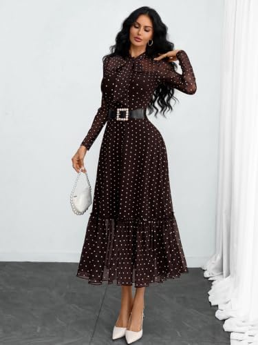 GothDark Polka dot Dress for Women Tie Neck Bow Ruffle Fall Vintage Dress