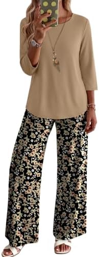 WIHOLL Two Piece Sets for Women Lounge 3/4 Length Sleeve Womens Tops Graphic Pants with Pockets Summer Outfits 2026