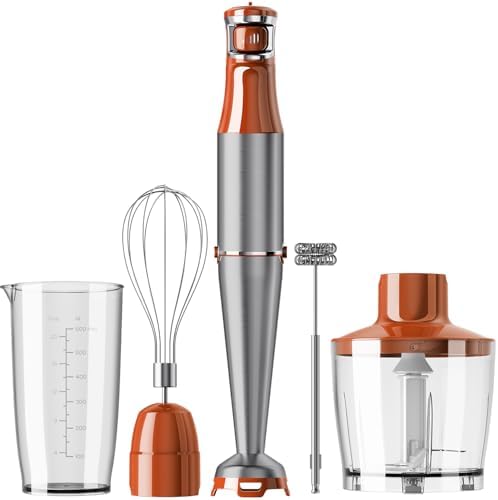 Turelar Immersion Blender Handheld Corded Hand Blenders Set 1100W, Trigger Variable Speed 5 in 1 Stick Emulsifier with Chopper, Whisk and Frother for Soup, Baby Food and Smoothies, Orange