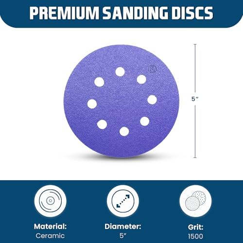 Benchmark Abrasives 5 Inch Sanding Discs Hook and Loop, Ceramic 8 Holes Adhesive Sandpaper for Surface Blending, Automotive - Orbital Sander Sandpaper (50 Discs), 1500 Grit