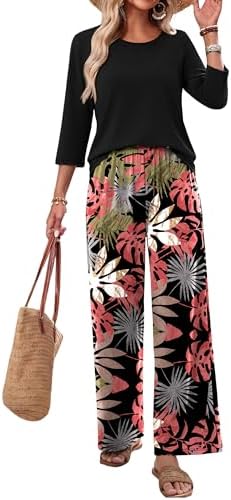 WIHOLL Two Piece Sets for Women Lounge 3/4 Length Sleeve Womens Tops Graphic Pants with Pockets Summer Outfits 2026