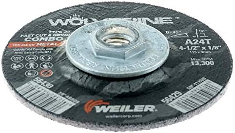 Weiler 56429 Wolverine Type 27 Cut and Grind Combo Wheel, A24T, 5/8" 11 UNC Nut, 4 1/2" x 1/8", Aluminum Oxide, 4.5" Diameter (Pack of 10)