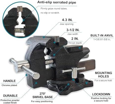 4.5 Inch Bench Vise, Heavy Duty Cast Steel Table Vice for Workbench, 270° Swivel Base Utility Vise with Hardened Jaws, Bolt-On Design for Woodworking, Metalworking, Home Garage