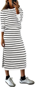 ANRABESS Women 2 Piece Striped Sweater Skirt Set