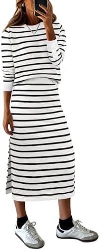 ANRABESS Women 2 Piece Striped Sweater Skirt Set