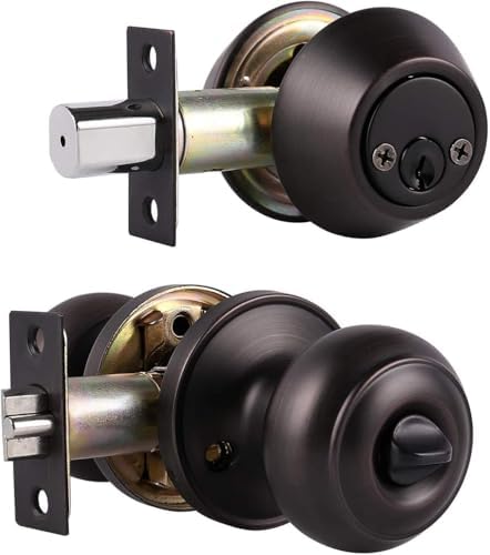 1 Pack Keyed Alike Door Knob with Double Cylinder Deadbolt Lock Set, Oil Rubbed Bronze Door Lock Sets Exterior, Round Style Door Knob Deadbolt Combination Set