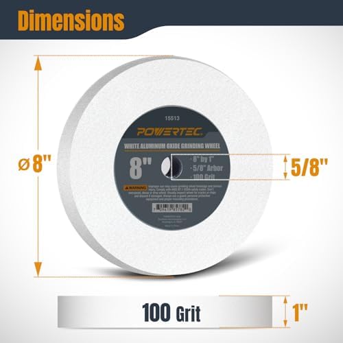 POWERTEC Bench Grinder Wheel 2PK, 8 Inch Grinding Wheel 100 Grit, White Aluminum Oxide, 8 Bench Grinder Wheels for Pedestal & Benches, 1" Thick 5/8" Arbor, Sharpening Shaping Drill Bits -15513-P2