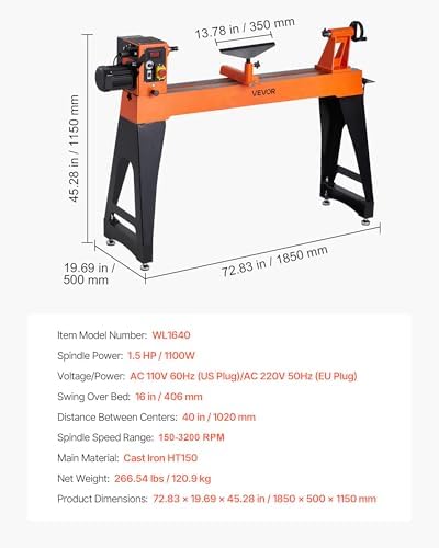 VEVOR Woodworking Lathe, 1.5 HP, Wood Lathe Machine with 150 to 3200 RPM Variable Speed, 16 x 40 in Workbench, Brushless DC Motor, Cast Iron Body, Tool Rest, for Medium to Large Projects Woodworking