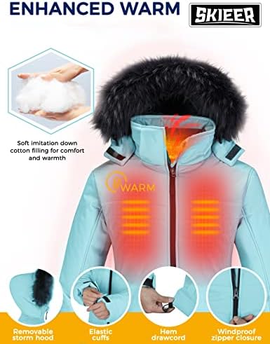 Skieer Women's Ski Jacket Waterproof Warm Puffer Thick Hooded Winter Coat