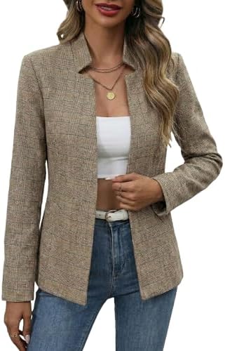 Mina Self 2026 Fall Women's Open Front Tweed Blazer,Plaid Fitted Jacket