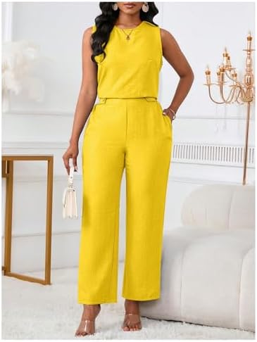 Floerns Women's 2 Piece Sets Dressy Outfits Bussiness casual Crew Neck Sleeveless Blouse and Elegant Pants Set