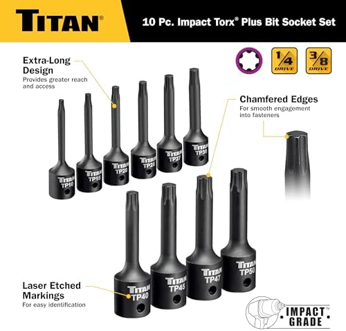 Titan 49008 10-Piece Impact Torx Plus Bit Socket Set, Sizes TP10 thru TP50, S2 and 6150 Alloy Steel, Extra-long Design for Greater Reach and Access, Metal Storage Rail