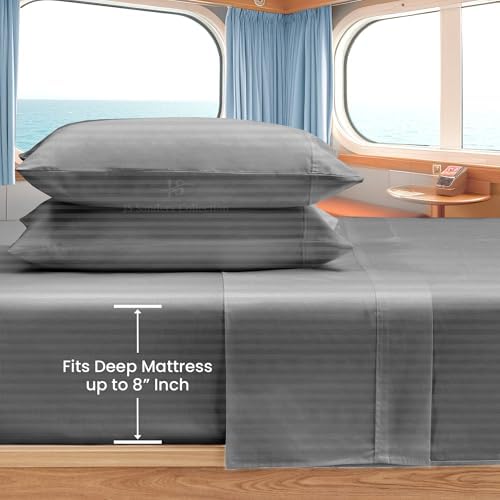 JS Sanders Collection 4PC Boat Sheet Set Universal V Berth, Dark Grey Stripe