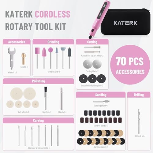 Katerk Mini Cordless Rotary Tool Kit 3.7V, 70 Accessories Pink Craft Tool