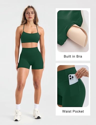 SUUKSESS Women 2 Piece Workout Sets Padded Halter Sports Bras High Waisted Biker Shorts with Pockets