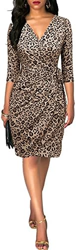 Berydress Women's 3/4 Sleeve V Neck Casual Party Work Faux Black Wrap Dress