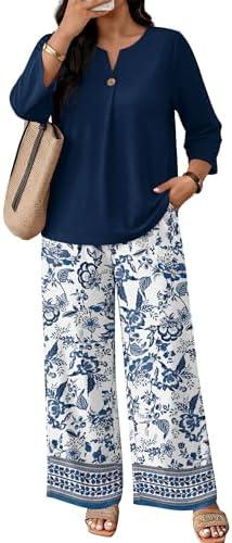 WIHOLL Two Piece Sets for Women 3/4 Length Sleeve Lounge Sets Summer Spring Vacation Travel Outfits Fashion Clothing